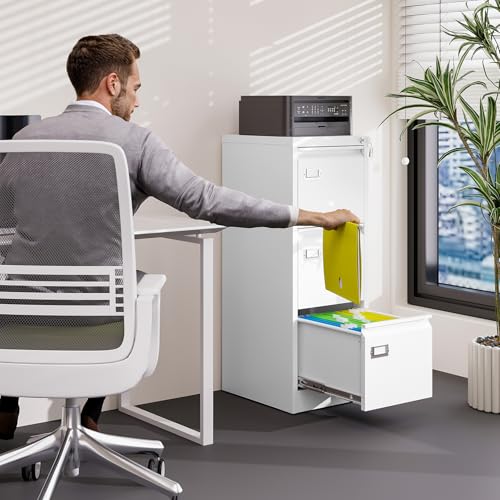 BYNSOE 3 Drawer File Cabinet with Lock Metal Vertical File Storage Cabinet Office Home Steel Vertical File Cabinet for A4 Legal/Letter Size Narrow File Cabinet Locked,Assembly Required - color: White, size: 38.62"H x 17.71"D x 15"W