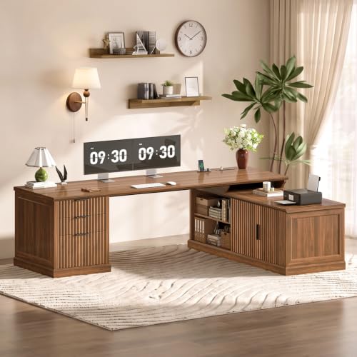 SEDETA Fluted 70.9" L Shaped Desk with Drawers, Fluted Brown - color: Fluted Brown, size: 70.9" L Shaped Desk