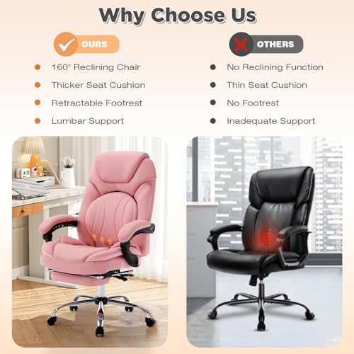 Wide Comfy Office Desk Chair for Women with Lumbar Support Pink | Big Tall Computer Gaming Chair, Adjustable Lumbar Back Support, Wide Seat, Heavy Duty, Wheels, Faux Leather - color: Bright Pink