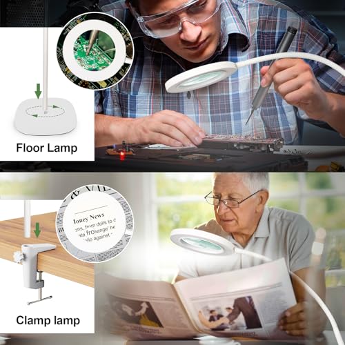 HITTI 10X & 30X Floor Magnifying Glass with Light, Standing Mag Lamp for Close Work, Esthetician, Jewellery, Crafts, Lash, Adjustable Color Modes and Flexible Gooseneck LED Lighted Magnifier(White)