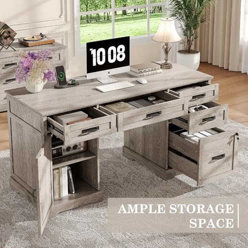 Alohappy 55'' Farmhouse Executive Desk, Home Office Desk with Drawers, Wood Computert Desk with File Cabinet and Power Outlets, Light Wash Gray - color: Light Wash Gray, size: 55''