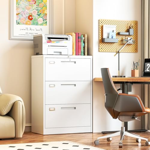 Metal Lateral 3 Drawer File Cabinet, Wide Filing Cabinet with Lock for Home Office Organization Hanging Files Letter/Legal/F4/A4 Size (White, Assembly Required) - color: White, size: 39.84"H x 28.35"W x 15.75"D