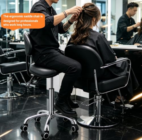Kaleurrier Saddle Stool with Back Support,Rolling Saddle Chair for Salon - color: Black, style: With Back