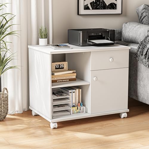 Quikraen Wooden Rolling File Cabinet with Open Shelves & Lockable Door, 23.6" Mobile Storage Cabinet on Wheels, Lateral Office Filing Cabinet with Drawer for Home Office, White - color: White