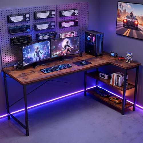 DUMOS 39" L Shaped Computer Desk, Corner Desks with Storage Shelves, Brown - color: Rustic Brown, size: 31 x 40 inch