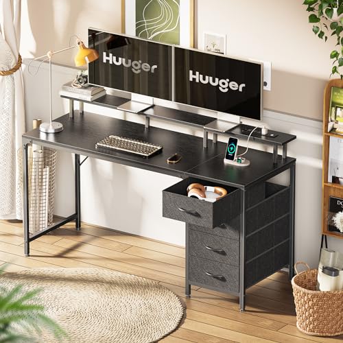 Huuger 55 Inch Computer Desk with Power Outlets and LED Lights, Gaming Desk with 4 Drawers, Office Desk with Monitor Stand, Study Work Home Office, Black - color: Black, size: 55 INCH