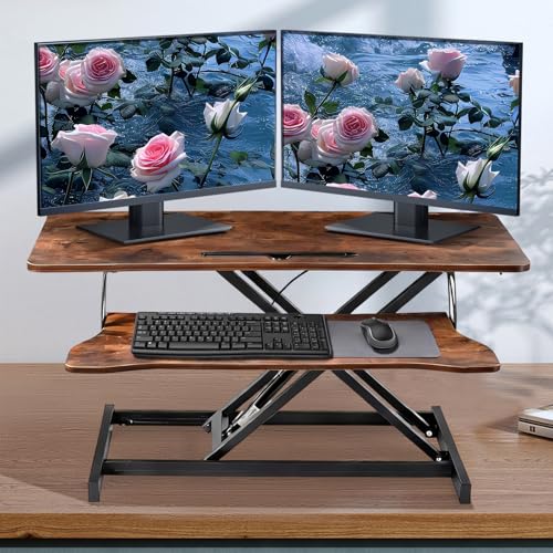 38-inch Standing Desk Converter Height Adjustable Sit to Stand Up Workstation, Duals Monitor and Laptop Riser with Wide Keyboard Tray, for Home, School, Company, Brown - color: Brown