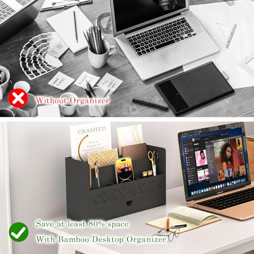 Wisuce Bamboo Mail Organizer with Drawer, Countertop Desk Organizer(Black) | Made from Natural Bamboo Multi-Compartment Design Built-In Drawer No Assembly Required - color: 1 Black