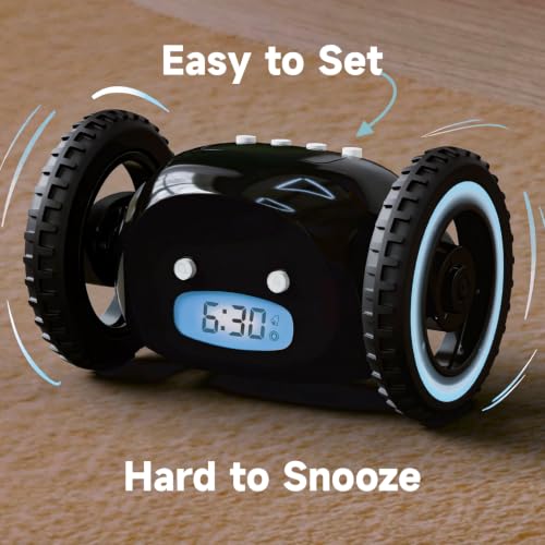 CLOCKY Runaway Digital Loud Rolling Alarm Clock for Heavy Sleeper Adults - color: Black Black Wheels