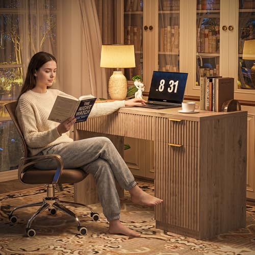 Vabches Farmhouse 47" Fluted Executive Desk with Drawers, Oak - color: Oak, size: with Cabinet