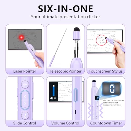 N21 Bluetooth Presentation Clicker for PowerPoint with Retractable Pointer | ①Laser Pointer②Telescopic touch pen③Countdown timer, vibration alert ④Customizable Button ⑤Rechargeable;battery level display - color: Purple - Red Pointer
