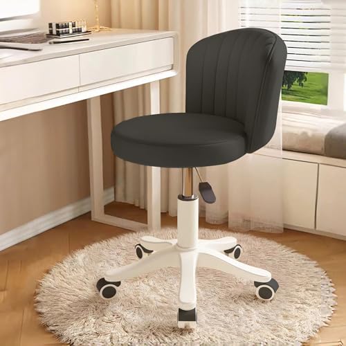Small Round Rolling Desk Chair Armless Comfy Vanity Computer Chair with Low Backrest PU Leather Height Adjustable Swivel Work Spa Chair - color: Black, style: Set of 1 with backrest