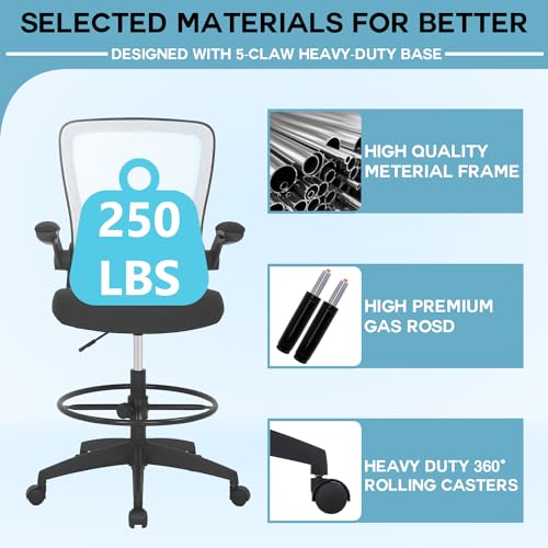 PayLessHere Ergonomic Drafting Chair Tall Office Chair High Adjustable Standing Desk Chair with Lumbar Support Mesh Back Footrest Flip-Up Arms for Office Computer Desk Standing Desk (White) - color: White
