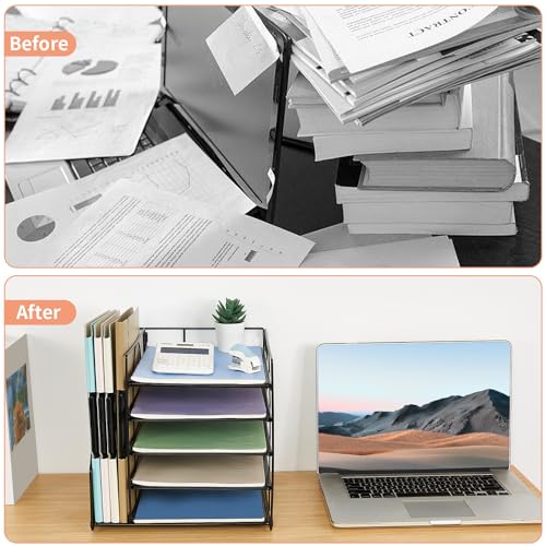 LEKETREE Desk Organizers and Accessories, 5-Tier Paper Letter Tray Organizer with File Holder, Desktop Organizer for Office Supplies (Black) - color: Black, size: 12" x 12" x 12"