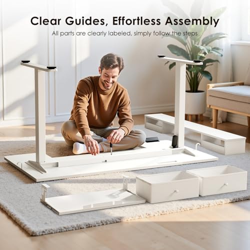 55 Inch U Shape Standing Desk with Keyboard Tray & Drawers, White | Power Outlet, Dual-Monitor Stand, LED Light, 3 Presets, 28.3"-46.5"in Range, 154 lb Capacity - color: White With Drawers, size: 55 Inch