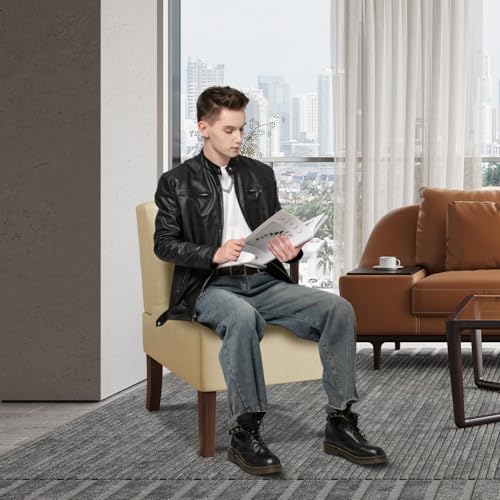 Armless Accent Chairs Set of 2 Upholstered Dining Chairs Living Room Chairs with Solid Wood Legs Bedroom Chair Leather Reading Chair Comfy Chair for Bedroom Vanity Kitchen (Beige) - color: Leather-beige