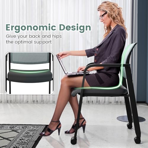 Tangkula Rolling Conference Room Chairs Set of 2, Stackable Office Guest Mesh Chairs with Armrests and Wheels, Ideal for Waiting Room Office, School, Lobby (Grey) - color: Grey, size: Set of 2