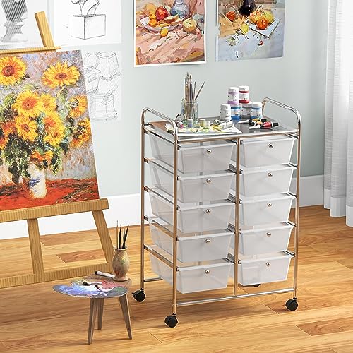 Giantex 10 Drawers Rolling Cart, Classroom Organizers, Storage Cart with Wheels, for Teacher Office Home School Supplies Tool Craft Art Paper, Clear White - color: Clear, size: 10 Drawers Big