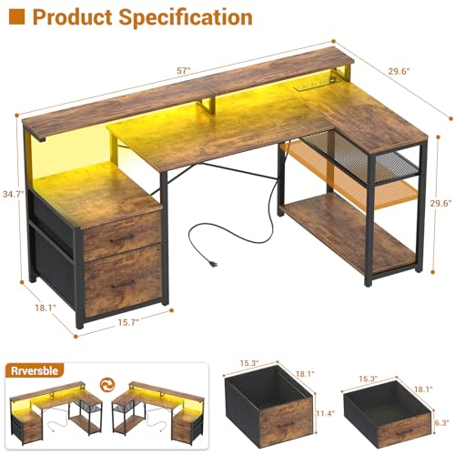 Aheaplus L Shaped Desk with File Drawer, Reversible L Shaped Gaming Desk | Computer Desk with Power Outlet & LED Strip, Home Office Desk Corner Desk with Monitor Shelf, Storage Shelves, Rustic Brown - color: Rustic Brown1
