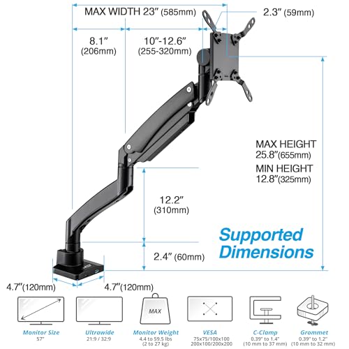 AVLT Single 17"-57" Super Ultrawide Monitor Arm - Black | Screens Up to 59.5 lbs Premium Aluminum Desk Stand Adjustable Pneumatic Height Full Motion Swivel Tilt Rotation USB-C&A Ports - color: Black-17 to 57 Inch