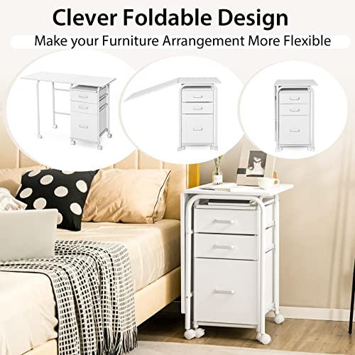 Tangkula White Folding Desk with 3 Drawers, Mobile Home Office Desk Study Writing Desk with Smooth Wheels, Space Saving Compact Table for Dorm Apartment, Rolling Couch Desk Table - color: White
