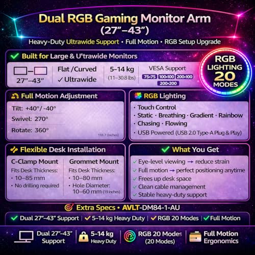 AVLT Dual 27”-43” RGB Gaming Monitor Arm Desk Mount -Dark Gray | 20 Lighting Modes Touch Button Control Fits Flat/Curved/Ultrawide Screen Height Swivel Tilt Rotation Adjustable Monitor - color: Dark Gray - Dual