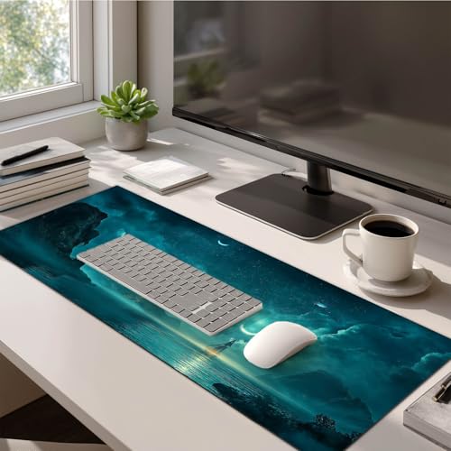 HOMETITUTE Large Mouse Pad 31.5x11.8 Inch Gaming Mousepad Teal Moon Night Seascape Art Non-Slip Keyboard Desktop Protector Mat XL Mouse Pad for Home Office Laptop Wireless Mice Accessories - color: Teal Moon Night Seascape Art