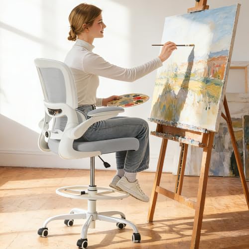 TRALT Drafting Chair - Tall Office Chair with Lumbar Support for High Desk - color: Grey