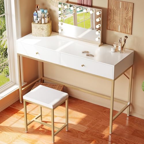 SUPERJARE 43-inch Modern White & Gold Desk - 2 Drawer Vanity - color: Gold and White, size: 43.3 inch