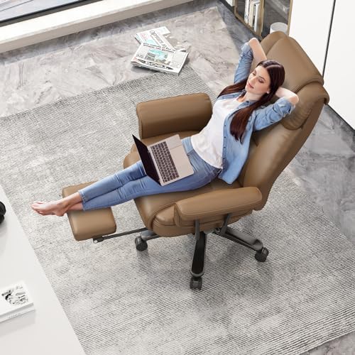 GYI 160 Reclining Office Chair with Footrest, Big & Tall Desk Chair, Brown | Cross Legged Seat, High Back, Faux Leather, Heavy Duty Base, Adjustable Height, for Home, Executive - color: Brown