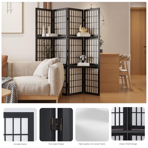 Room Divider with Shelves, 66.9-Inch Tall Japanese Shoji Style Wood Screen with Double Hinges for Home Office Bedroom Hotel Decoration (4 Panels, Black) - color: Black - Shelves, size: 4 Panels