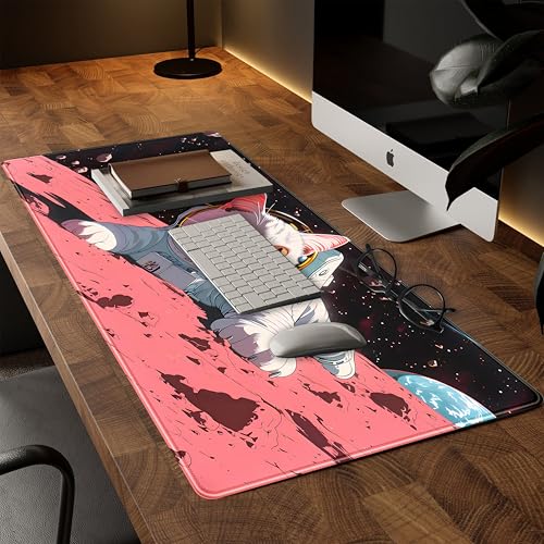 Cat Desk Mat Full Desk Mouse Pad Gaming Mat XXL, Fun Desktop Mats Computer Keyboard Pad Extra Large Mouse Mat, Laptop Mat with Stitched Edges, Office & Home Decor for Women 31.5" x 15.7" - color: Astronaut Cat