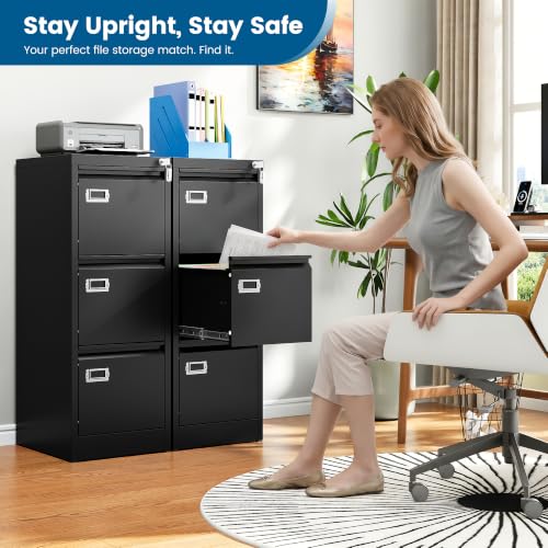 PEUKC 3-Drawer File Cabinet, 16.3" Deep Vertical Filing Cabinet with Lock, Metal File Cabinet for Home Office, Anti-Tip 3 Storage Drawers for Letter/Legal/A4/F4 Size, Assembly Required, Black - color: Black, size: 40.6"H