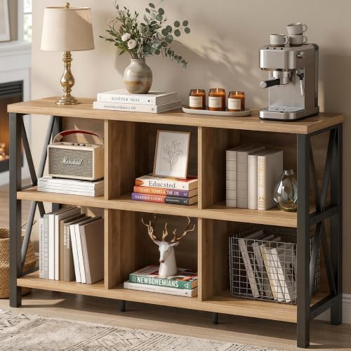 FATORRI 6 Cube Storage Organizer Book Shelf, 47 Inch Horizontal Bookshelf, Wood and Metal Cube Bookcase for Living Room, Home Office (Rustic Oak) - color: Rustic Oak, size: Without Drawer
