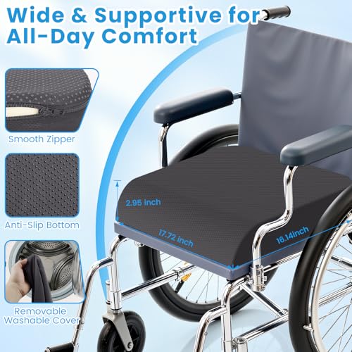 Wheelchair Seat Cushion - Cooling Gel & Memory Foam Office Chair Cushion with Non-Slip Bottom & Washable Cover, Ergonomic Car Seat Pillow for Sciatica, Tailbone, Back Comfort (Grey) - color: Grey