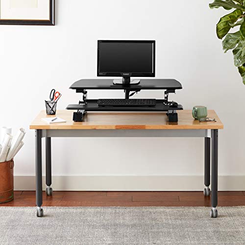 Seville Classics OFF65806 Airlift 36" Electric Height Adjustable Standing Desk Converter Workstation with 2.1A USB Charger Ergonomic Motorized Dual Monitor Riser Full Black - color: Electric Black