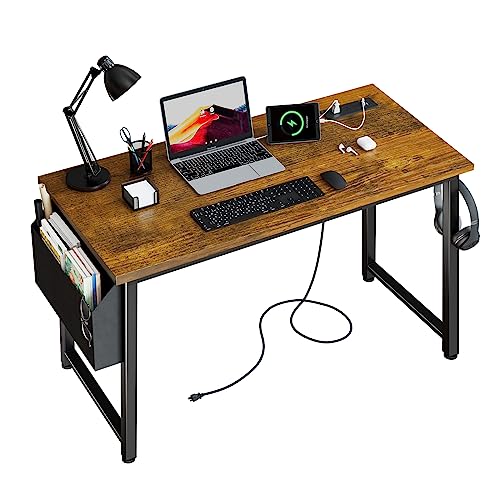 Lufeiya 40 inch Computer Desk with Power Outlet, 39 inch Teen Study Table Home Office Work Writing Desk with Charging Station Outlets Built in, Rustic Brown - color: Rustic Brown, size: 39.4"