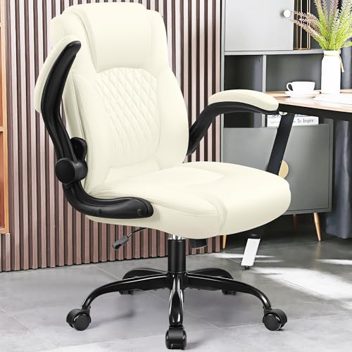 Leather Office Chair, PU Home Computer Desk Chairs with Ergonomic Back Support, 360°Swivel Free,Small Gaming Chair with Wheels and Adjustable Armrests, for Short People Use - color: Cream, size: 1 Pack