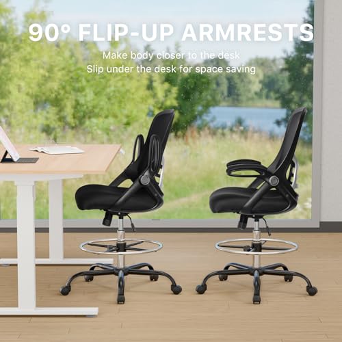 HYLONE Drafting Chair Tall Office Chair High-Back Mesh Standing Desk Stool with Adjustable Footrest Ring and Flip-Up Arms Black - color: Black