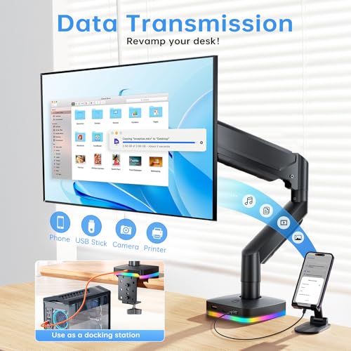 RGB Single Monitor Stand, Gas Spring Monitor Arm with 3 USB Ports, Charging and USB Data Transfer Function, Desk Mount for 13"-32" Monitors up to 19.8lbs, Adjustable Height, Tilt, Swivel, Rotate