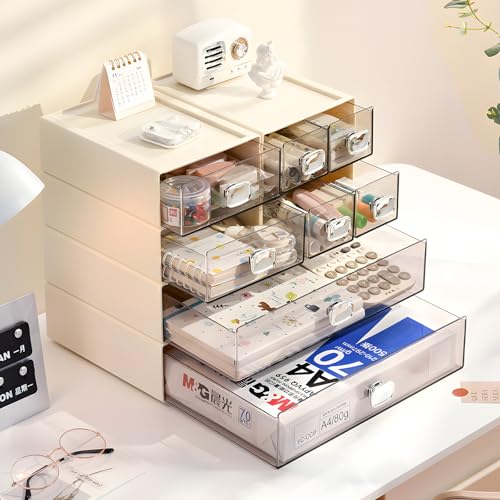 Desktop Storage Drawers, Plastic Countertop Printer Paper Organizer - color: 1 Large Drawer, Cream