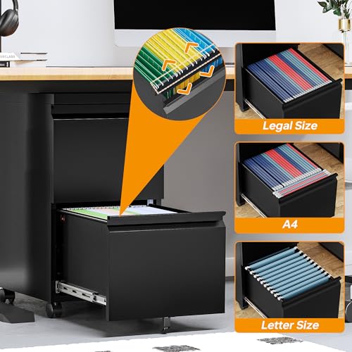 2 Drawer File Cabinet On Wheels Mobile Cabinet with Lock Under Desk Metal Filing Cabinet On Rollers Small Rolling File Cabinet Black Printer Stand for Home Office Fully Assembled - color: Black, size: 2 Drawers-Fully Assembled