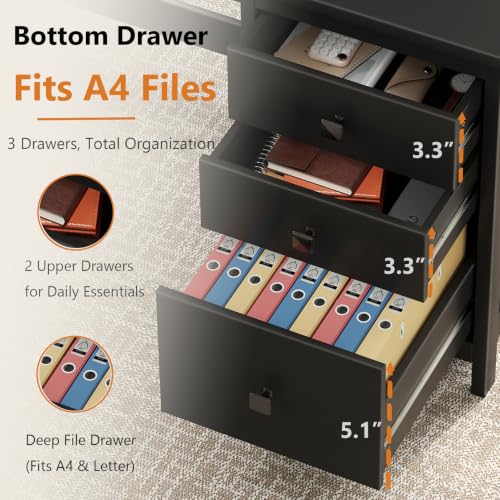 JSB 47.2 Inch Black Computer Desk with 3 Drawers for Home Office Bedroom - color: Black, size: 47.2in