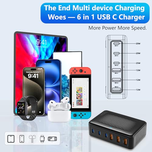 100W GaN 6-Port USB C Charger, Fast Charging Station with 5FT Cord - color: Black