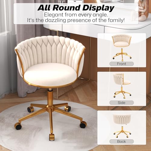 HENGJIANYI Velvet Woven Home Swivel Vanity Desk Chair with Gold Base, Beige | Modern Height Adjustable Office Chair with Metal Base and Hand Weaving Back Wheels for Bedroom Study Small Space girl women - color: Beige