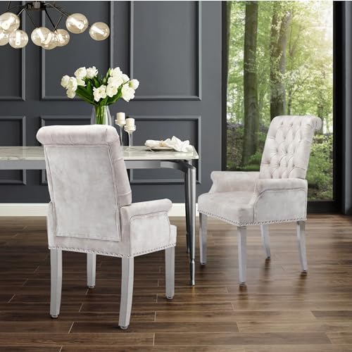 Velvet Dining Chairs with Arms, Upholstered Dining Room Chairs, Beige | Upholstered, High Back, Tufted, Luxurious, Stainless Steel Leg, for Kitchen & Dining Room - color: Beige, size: 1 PCS
