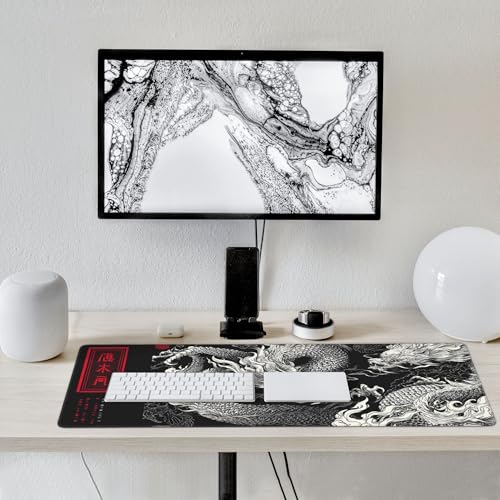 Large Gaming Mouse Pad with Dragon Design, Non-Slip, 35.4" x 15.7", Black and Red Japanese Style Desk Mat - color: Dragon