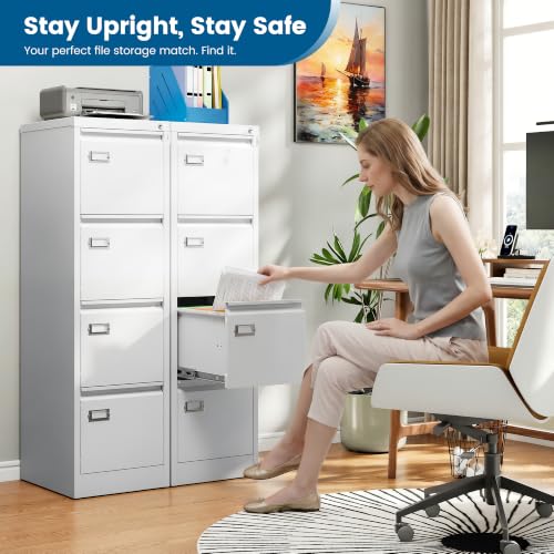 PEUKC 4-Drawer File Cabinet, 16.3" Deep Vertical Filing Cabinet with Lock, Metal File Cabinet for Home Office Furniture, Anti-Tip 4 Storage Drawers for Letter/Legal/F4 Size (Assemble Required, White) - color: White, size: 52.4"H