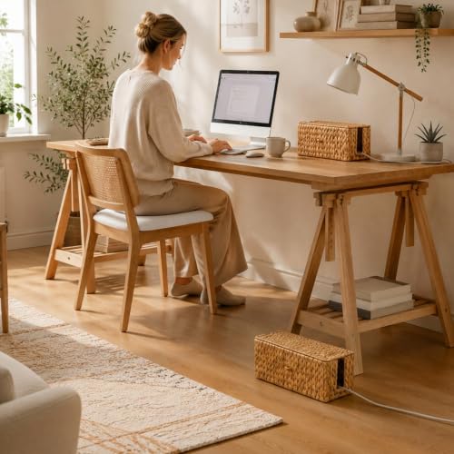 2 Pack Rattan Cable Management Box with Lid & 2 Side Open Slots