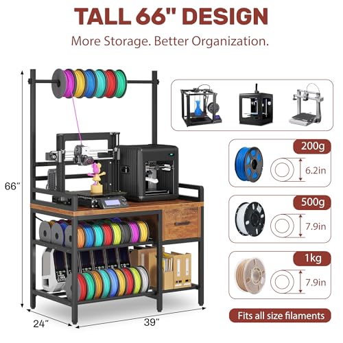 3D Printer Stand with Filament Storage – Tall 66" Heavy Duty Metal 3D Printer Table with Power Hub, Drawer & X-Bracket Stability for Workshop, Studio, Office - color: Brown, size: 39.4" x 24" x 66.3" H